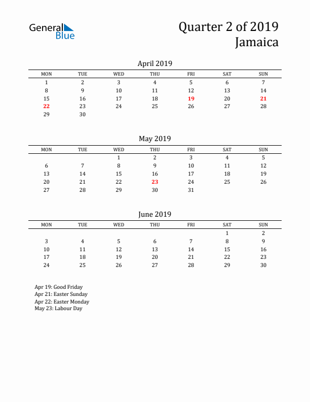 Quarter 2 2019 Jamaica Quarterly Calendar