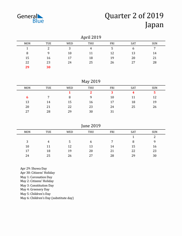 Quarter 2 2019 Japan Quarterly Calendar