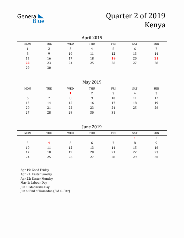 Quarter 2 2019 Kenya Quarterly Calendar