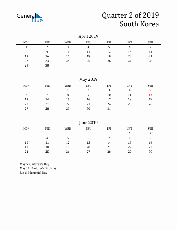 Quarter 2 2019 South Korea Quarterly Calendar