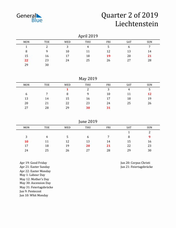 Quarter 2 2019 Liechtenstein Quarterly Calendar