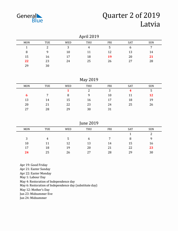 Quarter 2 2019 Latvia Quarterly Calendar