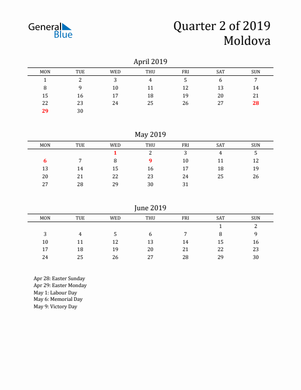 Quarter 2 2019 Moldova Quarterly Calendar