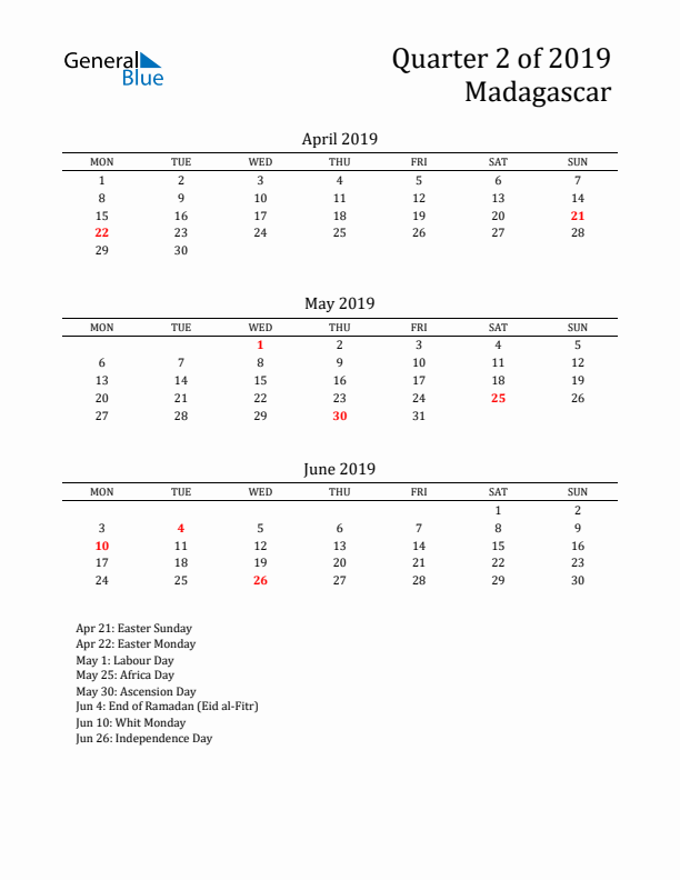 Quarter 2 2019 Madagascar Quarterly Calendar