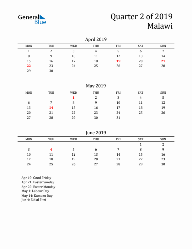 Quarter 2 2019 Malawi Quarterly Calendar