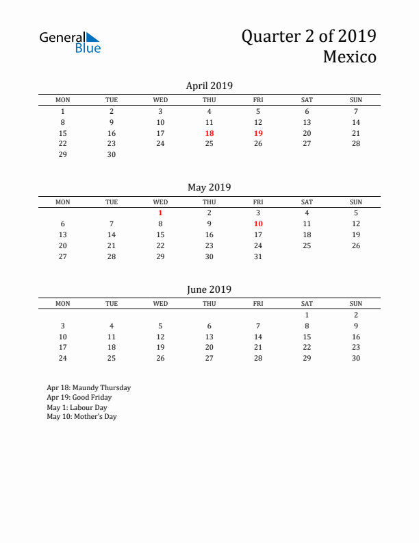 Quarter 2 2019 Mexico Quarterly Calendar