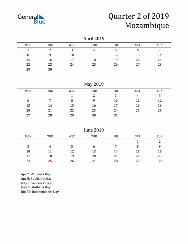 Quarter 2 2019 Mozambique Quarterly Calendar