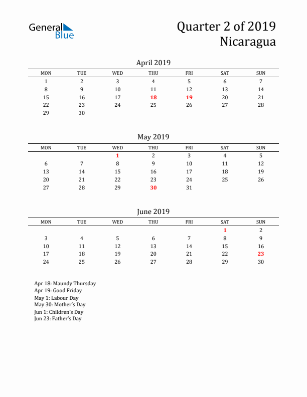 Quarter 2 2019 Nicaragua Quarterly Calendar