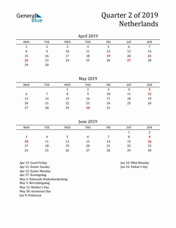 Quarter 2 2019 The Netherlands Quarterly Calendar