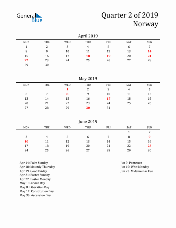 Quarter 2 2019 Norway Quarterly Calendar