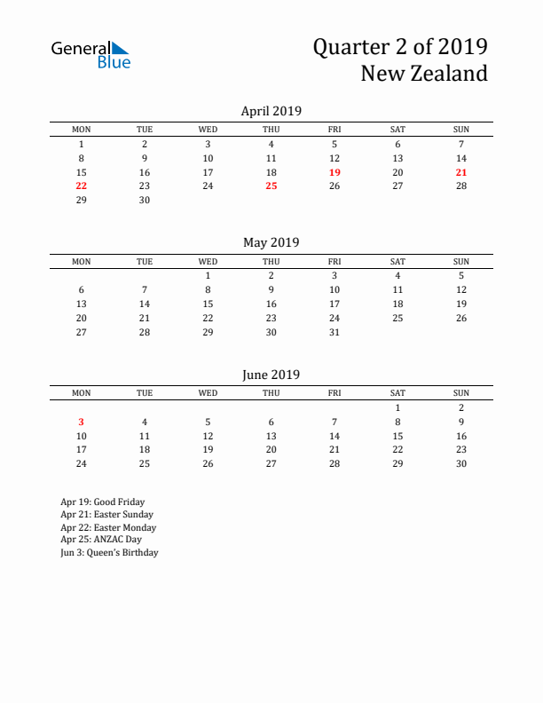 Quarter 2 2019 New Zealand Quarterly Calendar