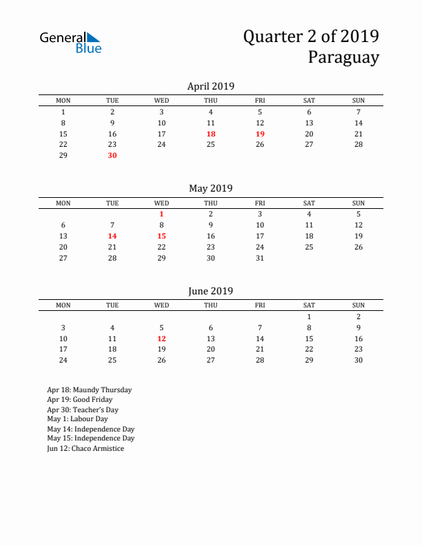 Quarter 2 2019 Paraguay Quarterly Calendar