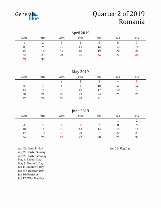 Quarter 2 2019 Romania Quarterly Calendar