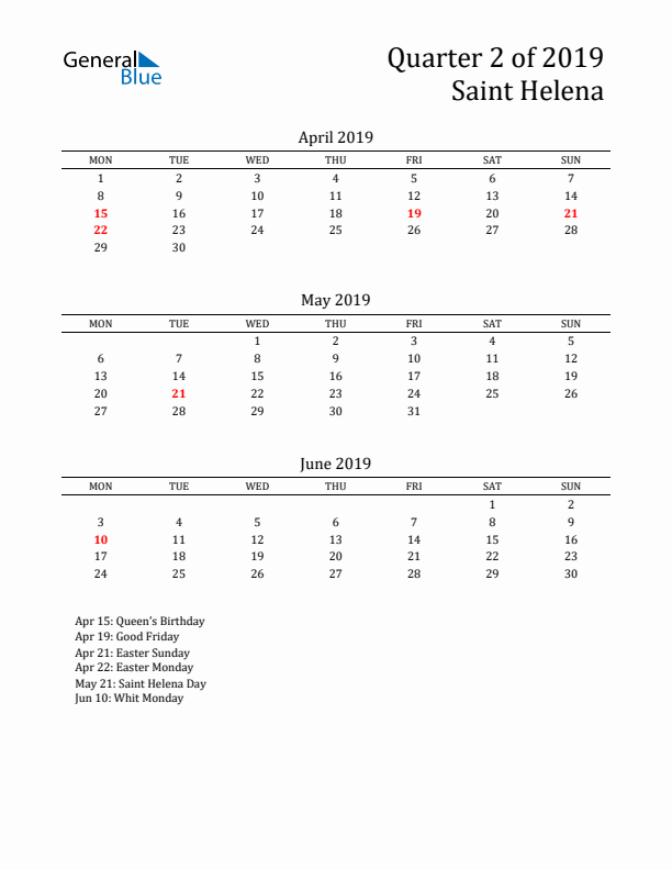 Quarter 2 2019 Saint Helena Quarterly Calendar