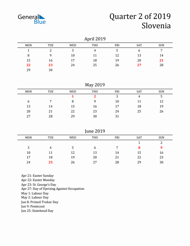 Quarter 2 2019 Slovenia Quarterly Calendar