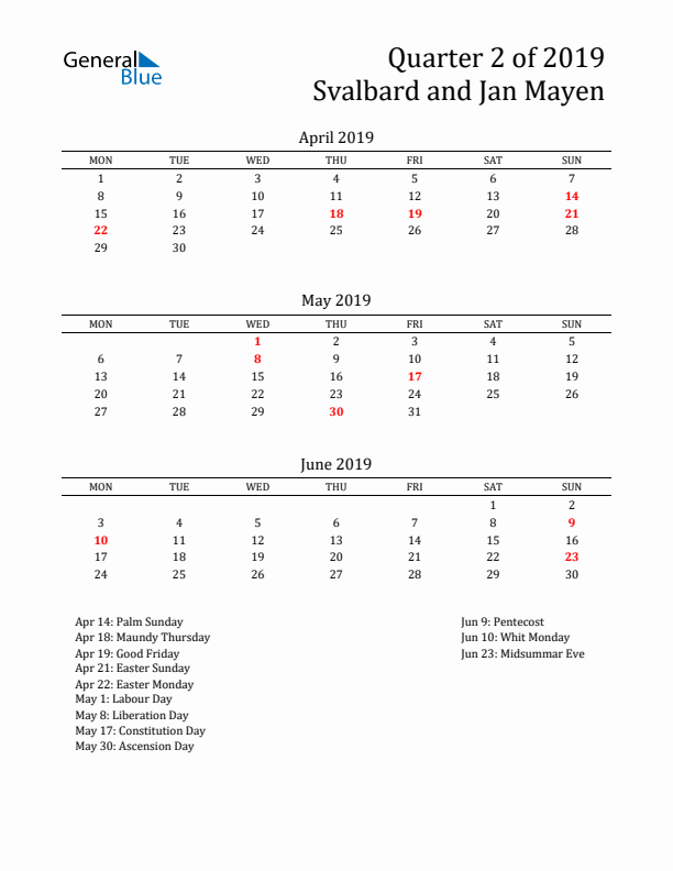 Quarter 2 2019 Svalbard and Jan Mayen Quarterly Calendar