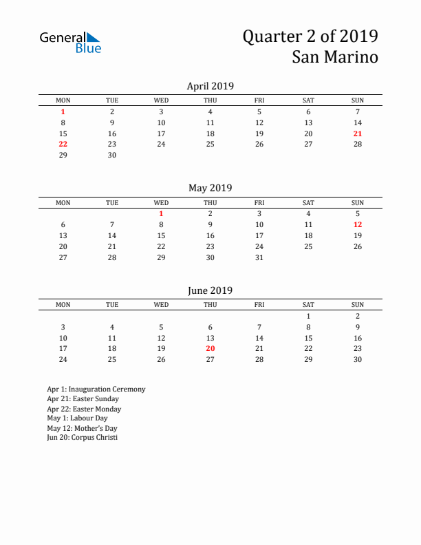 Quarter 2 2019 San Marino Quarterly Calendar