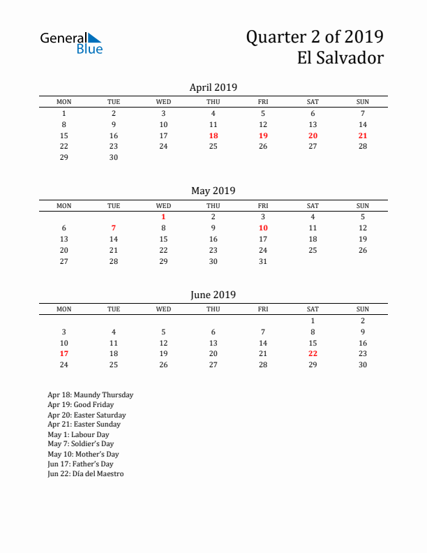 Quarter 2 2019 El Salvador Quarterly Calendar