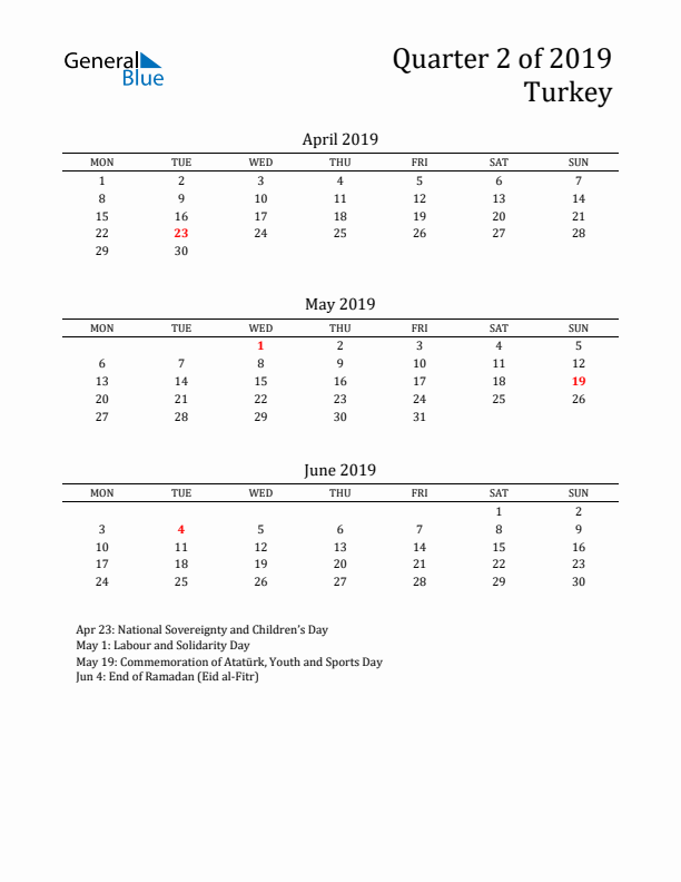 Quarter 2 2019 Turkey Quarterly Calendar