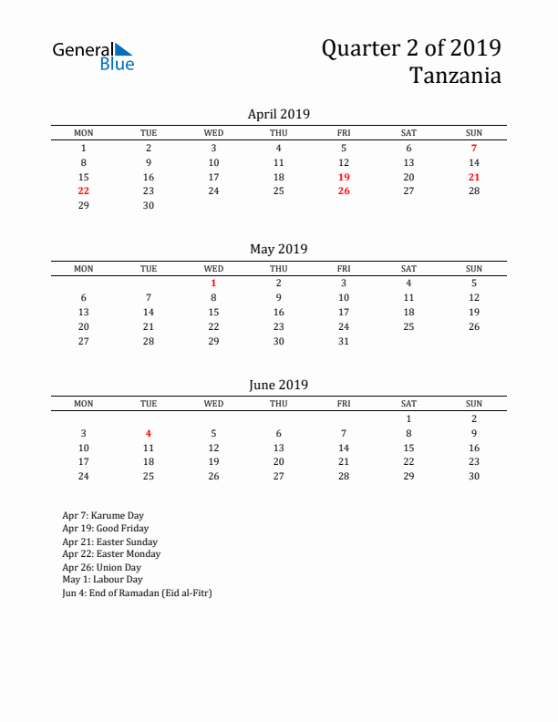 Quarter 2 2019 Tanzania Quarterly Calendar