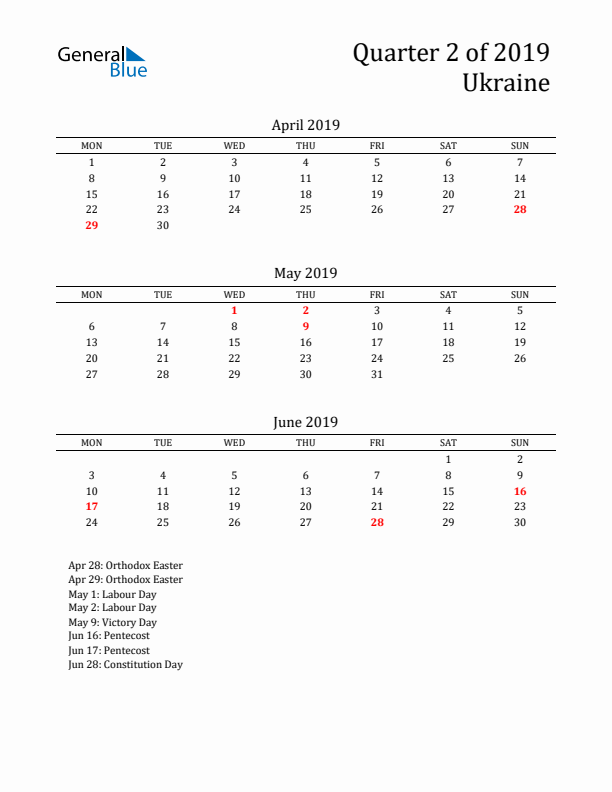 Quarter 2 2019 Ukraine Quarterly Calendar