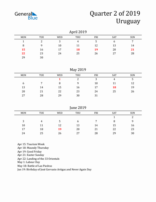 Quarter 2 2019 Uruguay Quarterly Calendar