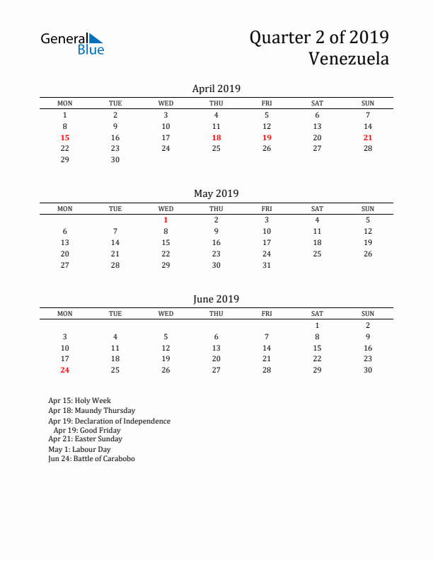 Quarter 2 2019 Venezuela Quarterly Calendar