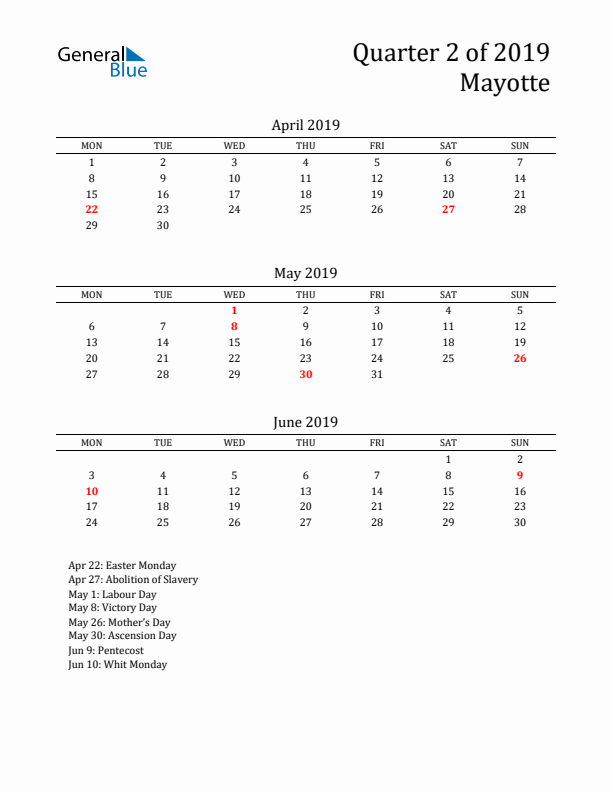 Quarter 2 2019 Mayotte Quarterly Calendar