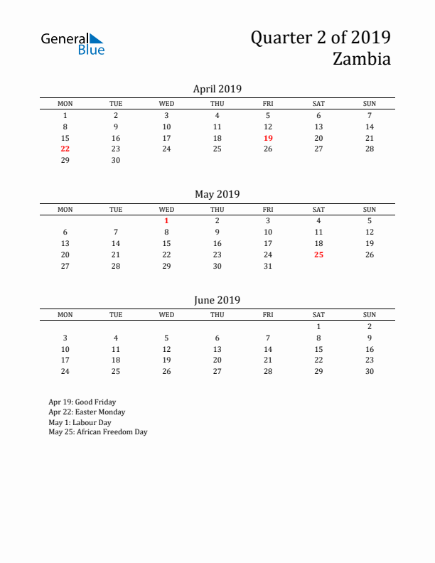 Quarter 2 2019 Zambia Quarterly Calendar