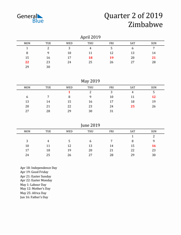 Quarter 2 2019 Zimbabwe Quarterly Calendar