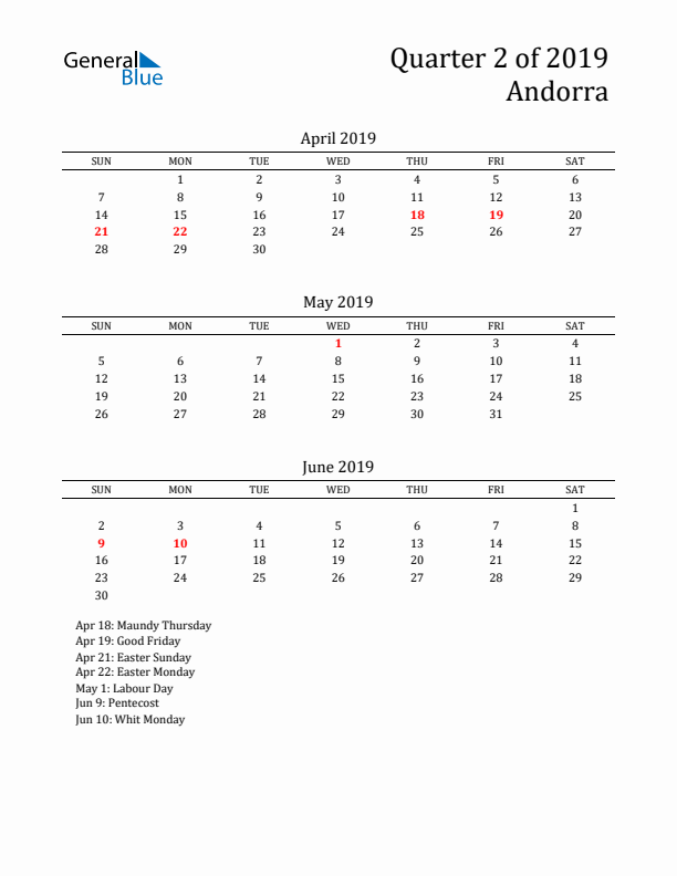 Quarter 2 2019 Andorra Quarterly Calendar