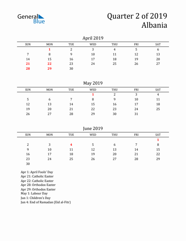 Quarter 2 2019 Albania Quarterly Calendar