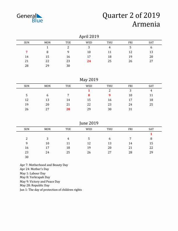 Quarter 2 2019 Armenia Quarterly Calendar