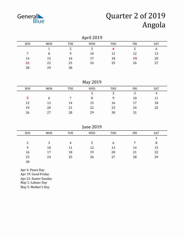 Quarter 2 2019 Angola Quarterly Calendar