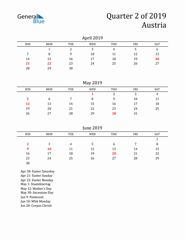 Quarter 2 2019 Austria Quarterly Calendar