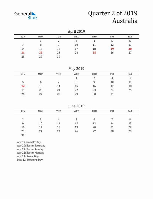 Quarter 2 2019 Australia Quarterly Calendar