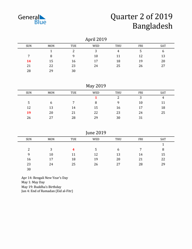 Quarter 2 2019 Bangladesh Quarterly Calendar