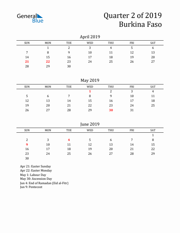 Quarter 2 2019 Burkina Faso Quarterly Calendar