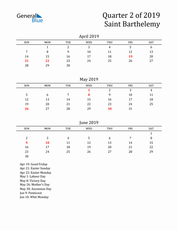 Quarter 2 2019 Saint Barthelemy Quarterly Calendar