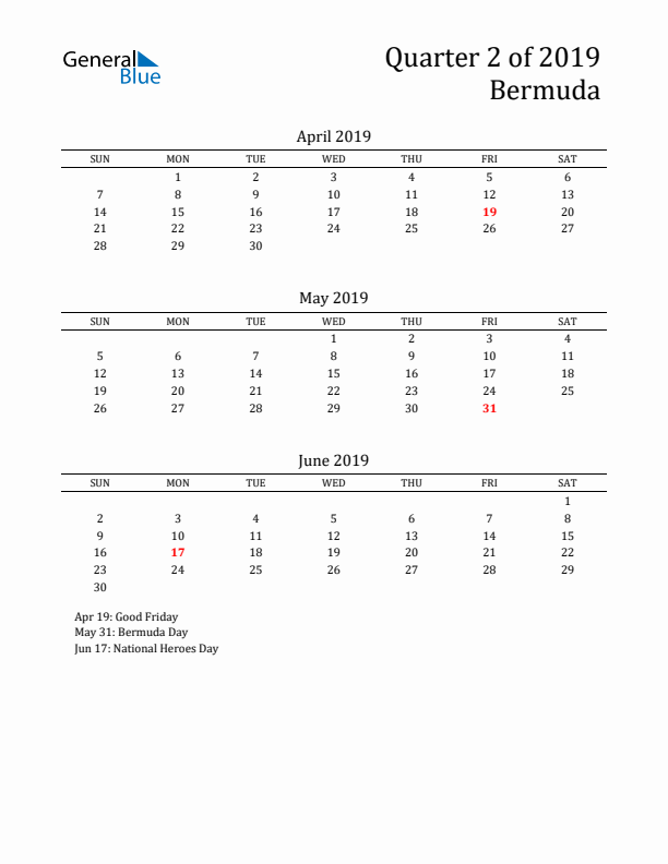 Quarter 2 2019 Bermuda Quarterly Calendar