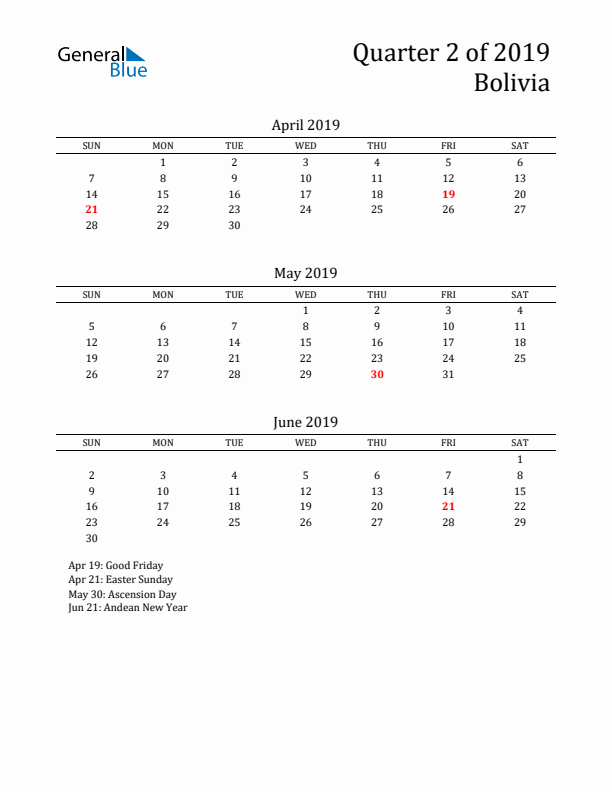 Quarter 2 2019 Bolivia Quarterly Calendar