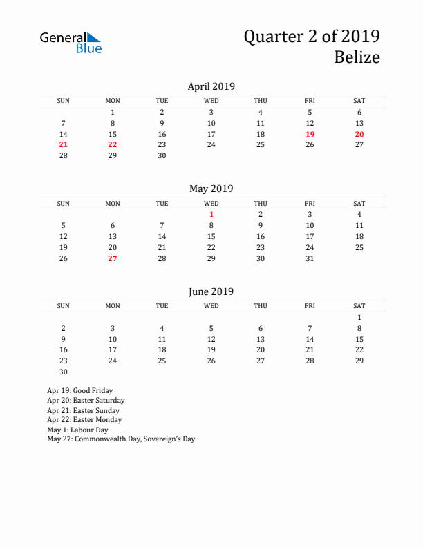 Quarter 2 2019 Belize Quarterly Calendar