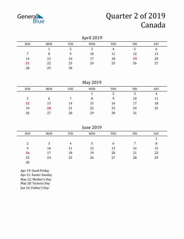 Quarter 2 2019 Canada Quarterly Calendar