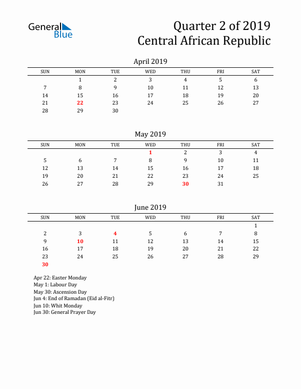 Quarter 2 2019 Central African Republic Quarterly Calendar