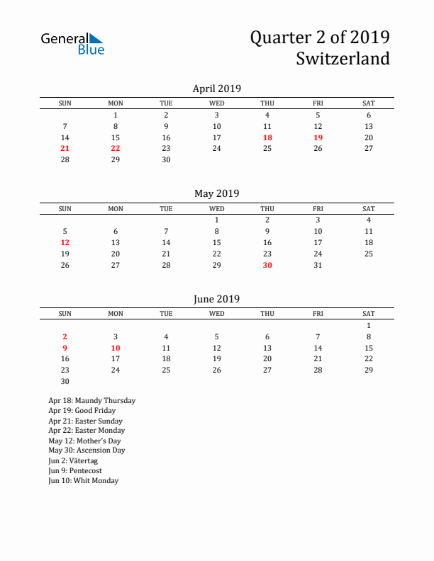 Quarter 2 2019 Switzerland Quarterly Calendar