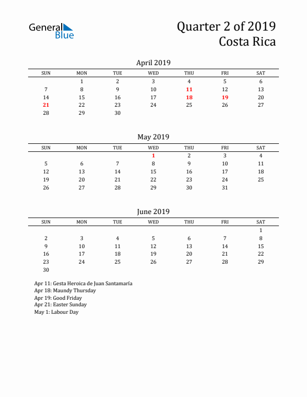 Quarter 2 2019 Costa Rica Quarterly Calendar