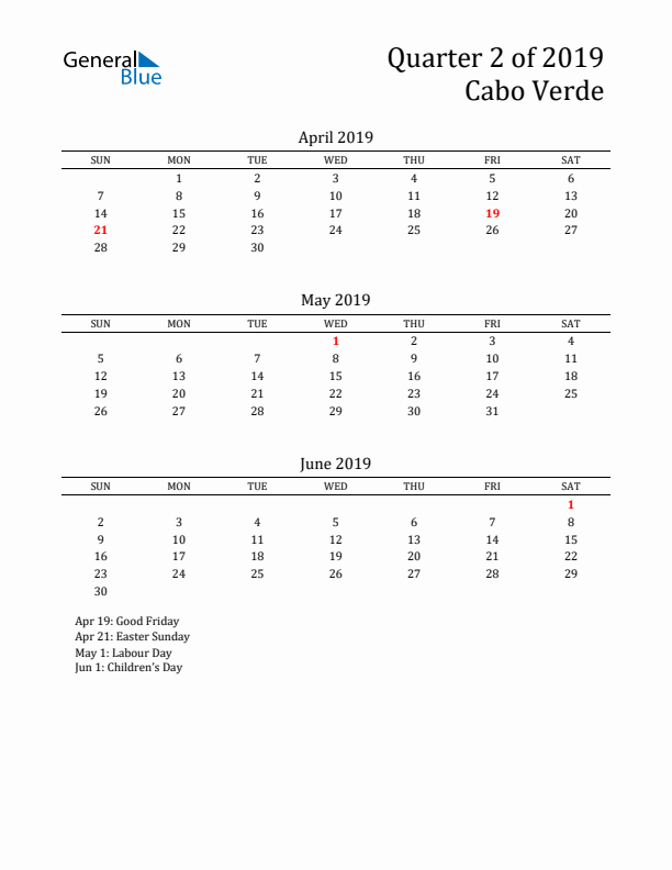 Quarter 2 2019 Cabo Verde Quarterly Calendar