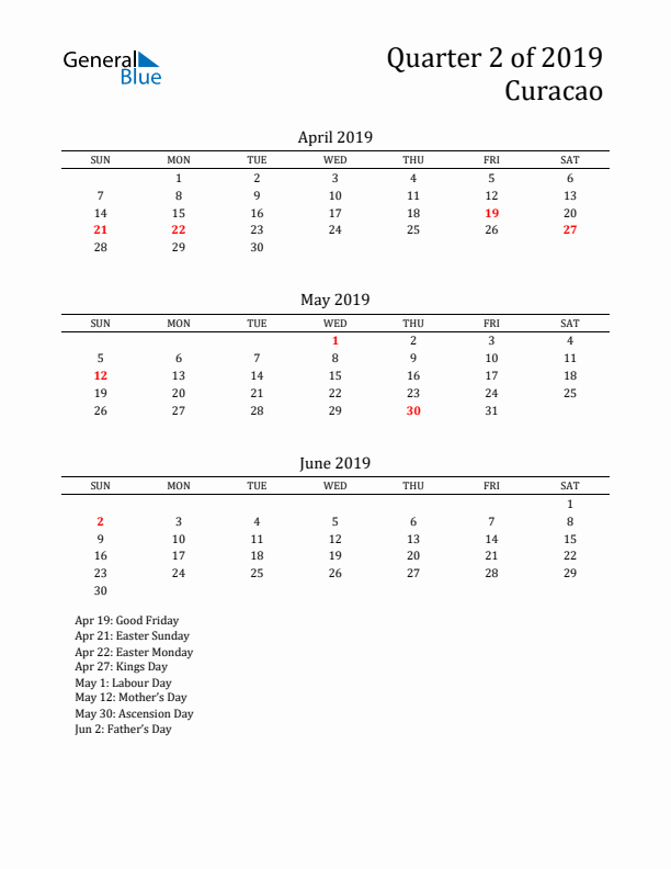 Quarter 2 2019 Curacao Quarterly Calendar