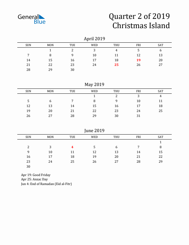 Quarter 2 2019 Christmas Island Quarterly Calendar