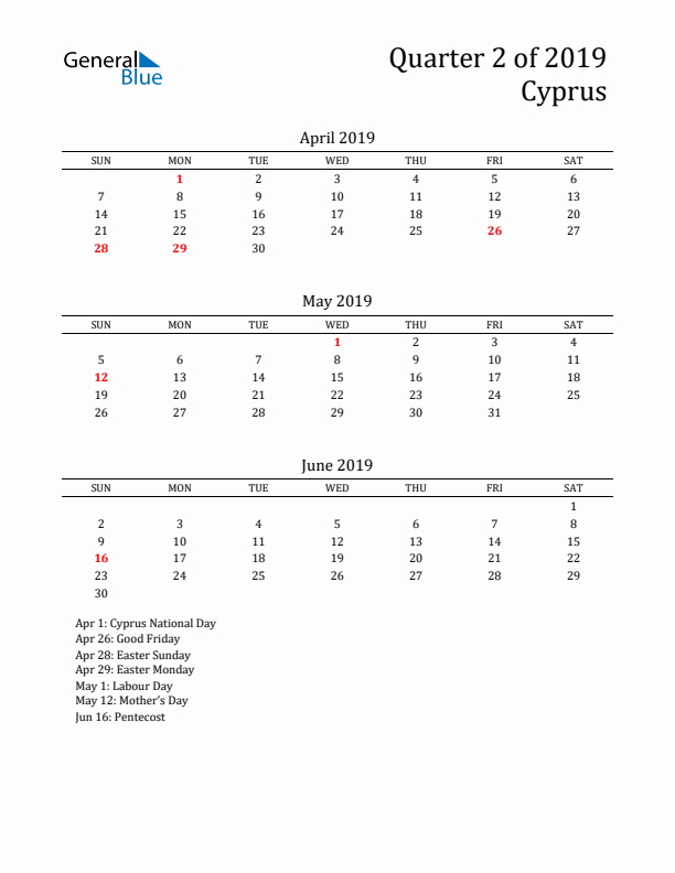 Quarter 2 2019 Cyprus Quarterly Calendar